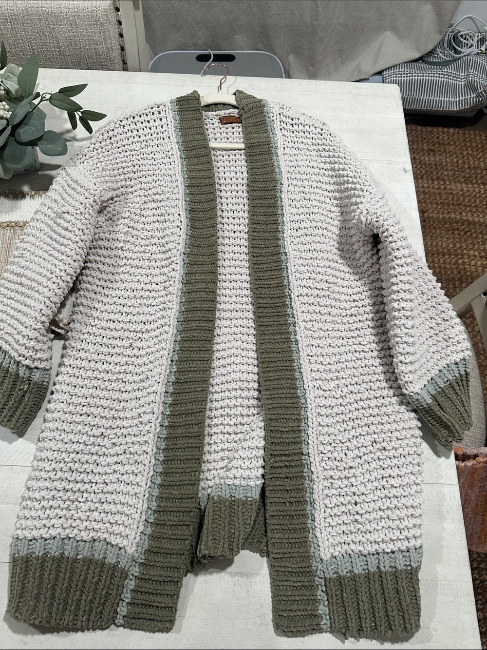 POL Cream Chunky Open-Front Cardigan with Olive Trim